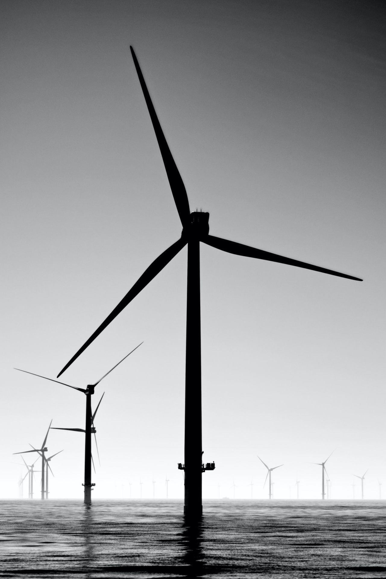 black wind turbines under gray sky